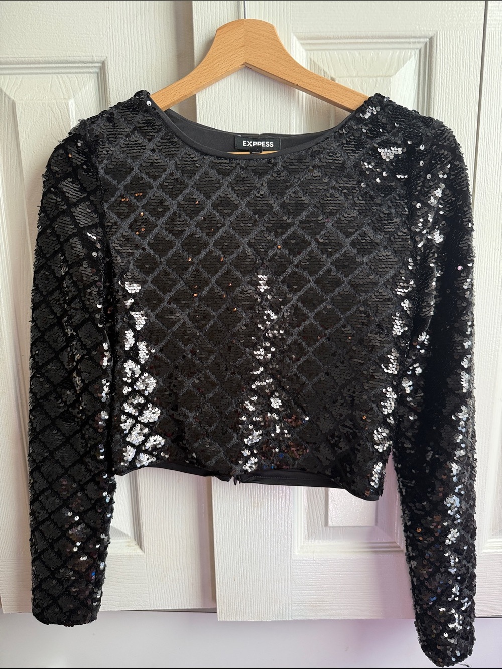 Express Black Sequin Long Sleeve Crop Top